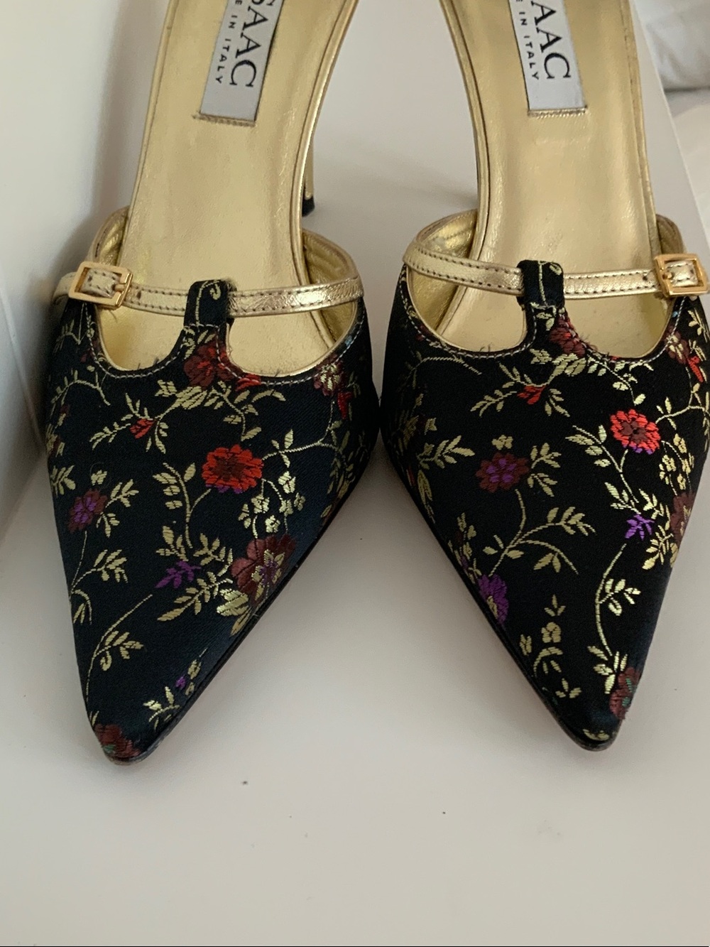 Isaac Mizrahi Black Floral Pointed Slip-On Mule with Gold Trim - Picture 5 of 5